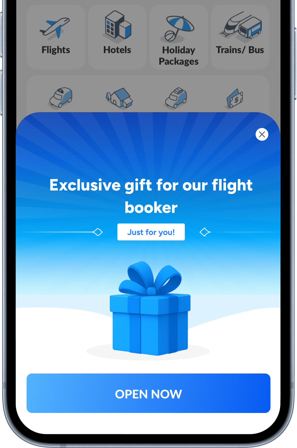 MakeMyTrip exclusive gift modal on mobile